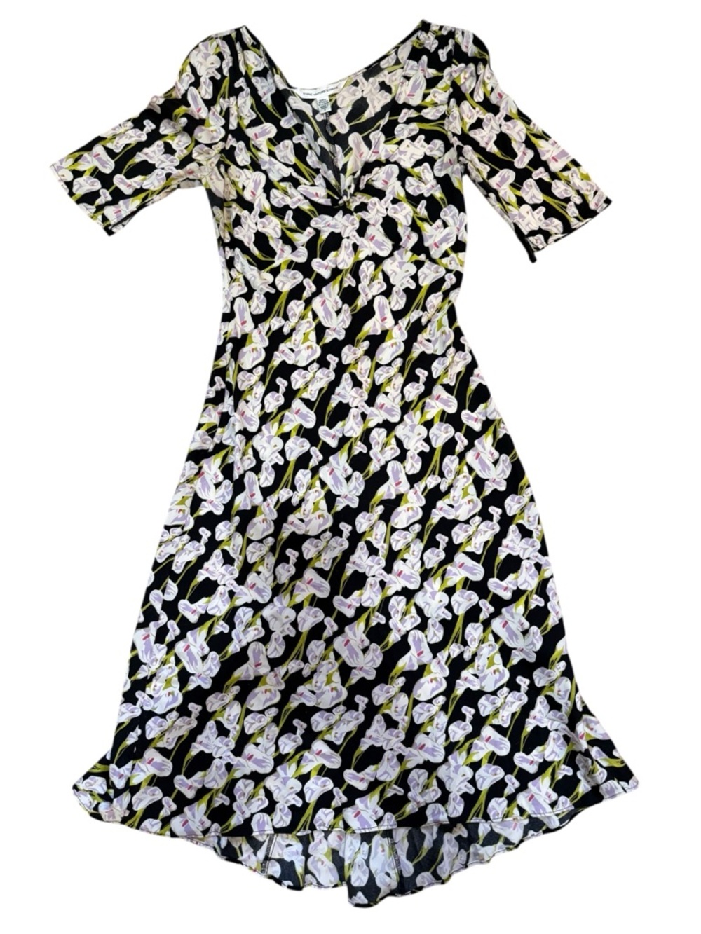 Vintage Diane Von Furstenberg Black Midi Dress w/ White, Purple & Green Floral